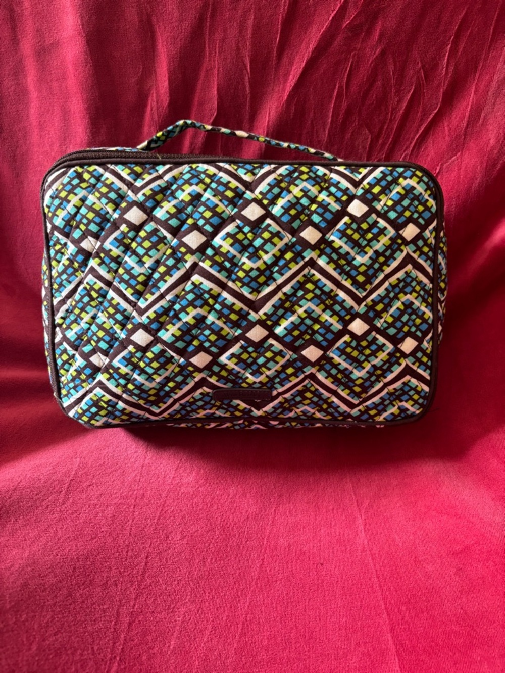 Vera Bradley Quilted Cosmetic Case in Blue, Green & White Geo Print